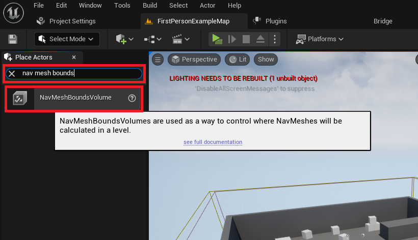 Adding the nav mesh bounds volume to the level.