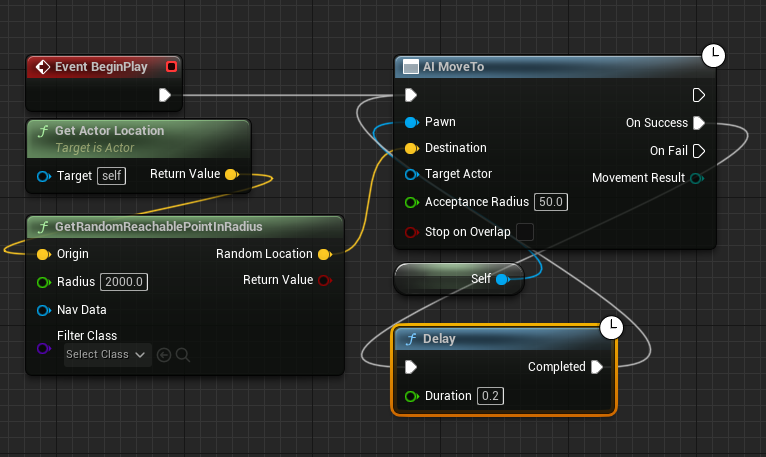 Adding and connecting the Delay node to the On Success pin and the AI MoveTo Node.