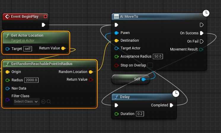 Deleting the GetActorLocation and GetRandomReachablePointInRadius nodes