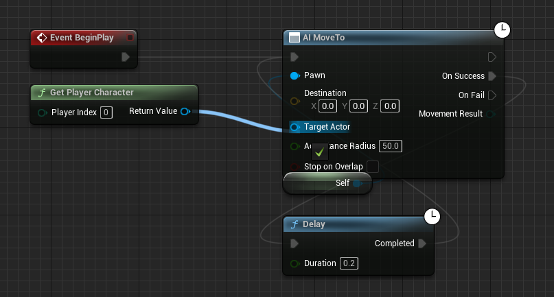 Connecting the Get Player Character node to the Target Actor pin of the AI MoveTo node