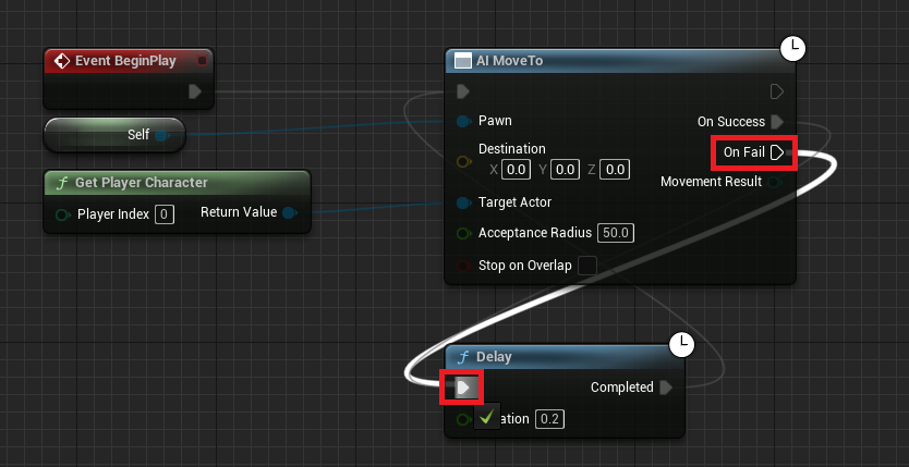 Connecting the On Fail pin to the Delay node