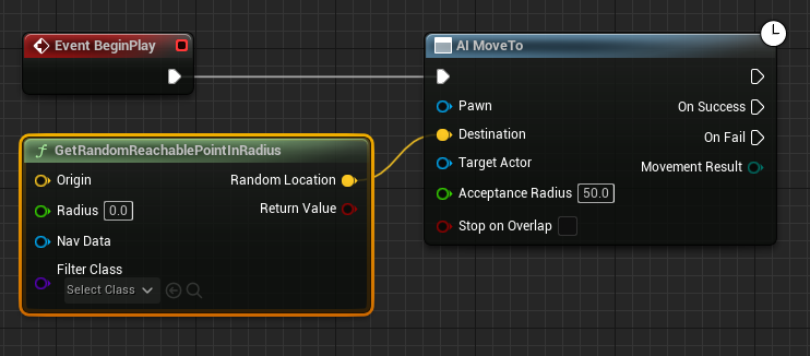 Connecting the GetRandomReachablePointInRadius node to the Ai MoveTo node.