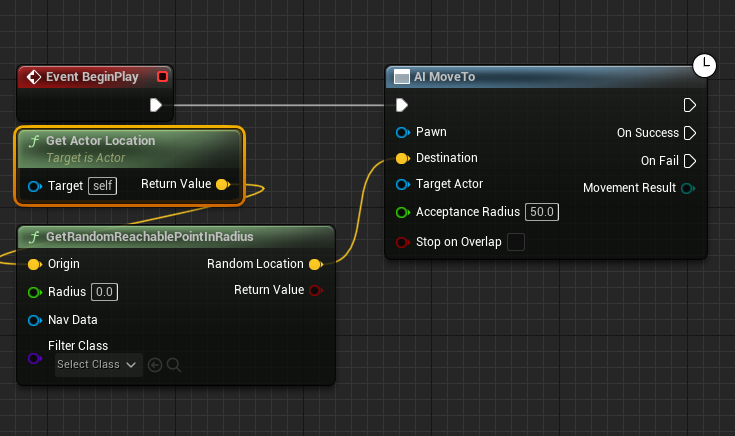 Connecting the Get Actor Location ndoe to the GetRandomReachablePointInRadius node. This gives us the origin for navigation checks.