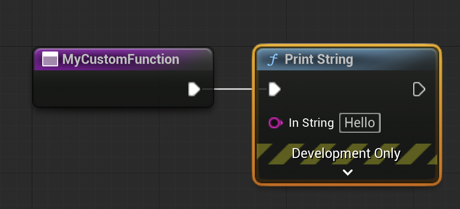 The created print string node attached to our MyCustomFunction