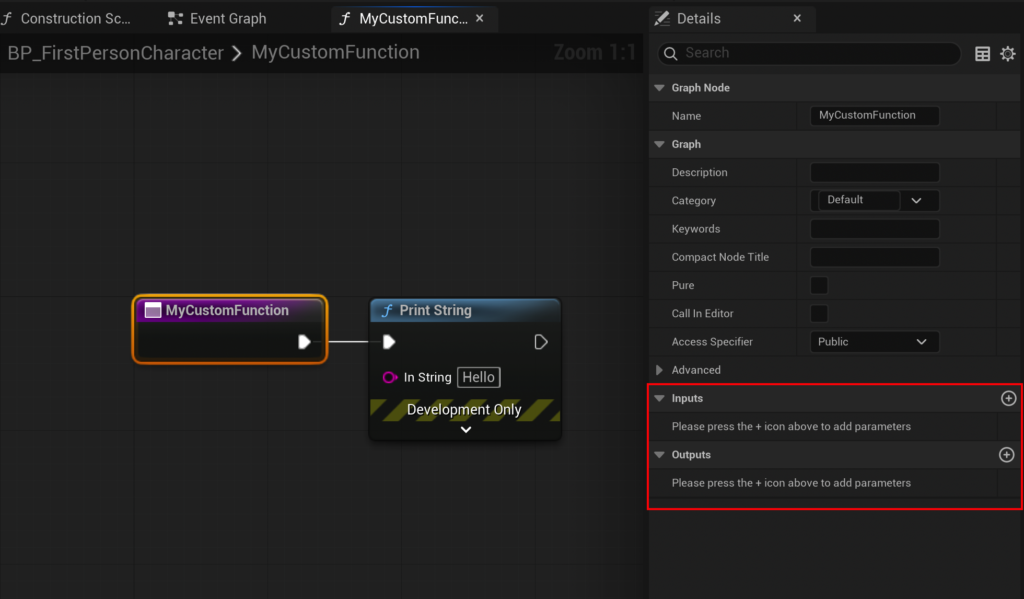 Showing the input and output sections of the function editor