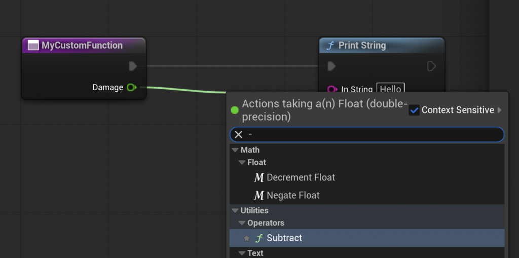 Adding a subtract float node and connecting it to our Damage parameter