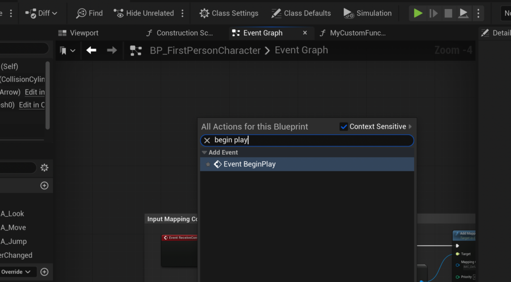 Creating a new BeginPlay event in the event graph