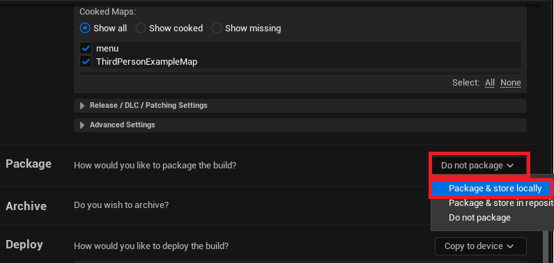 Changing the package options from Do not package to Package & store locally