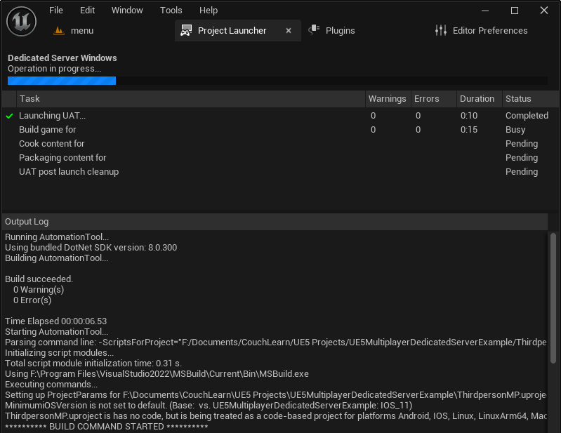 The progress and debug logging of the engine building the custom profile dedicated server