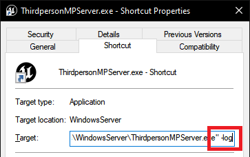 Adding the -log argument to ensure that the server opens with a window