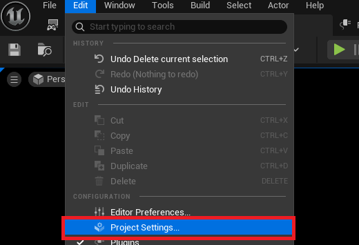 Opening the project settings