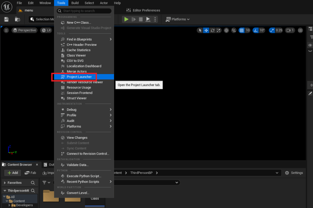 Opening the tools menu then the project launcher