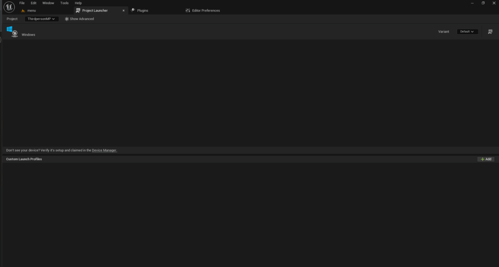 The empty project launcher menu