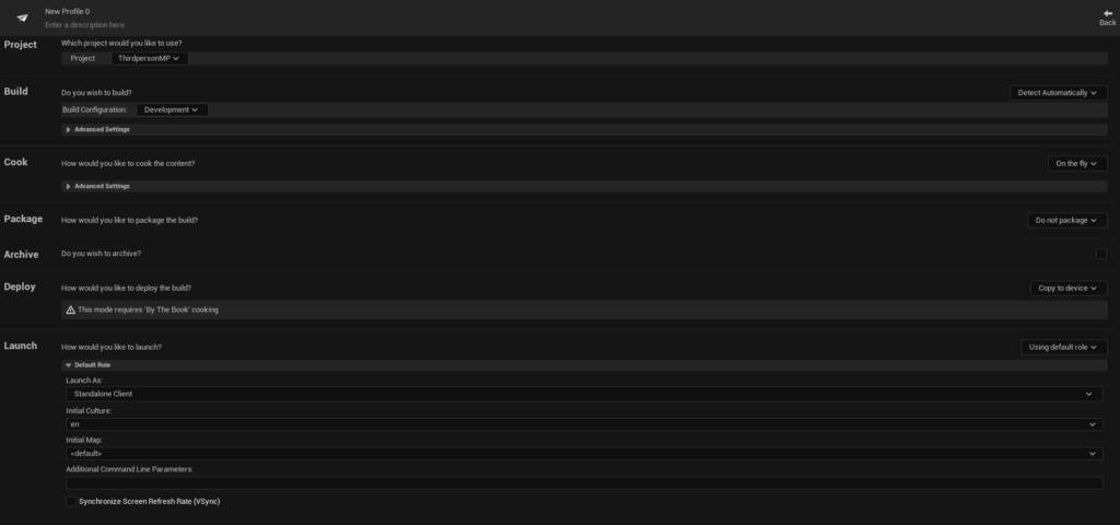 The large menu of options for a custom launch profile